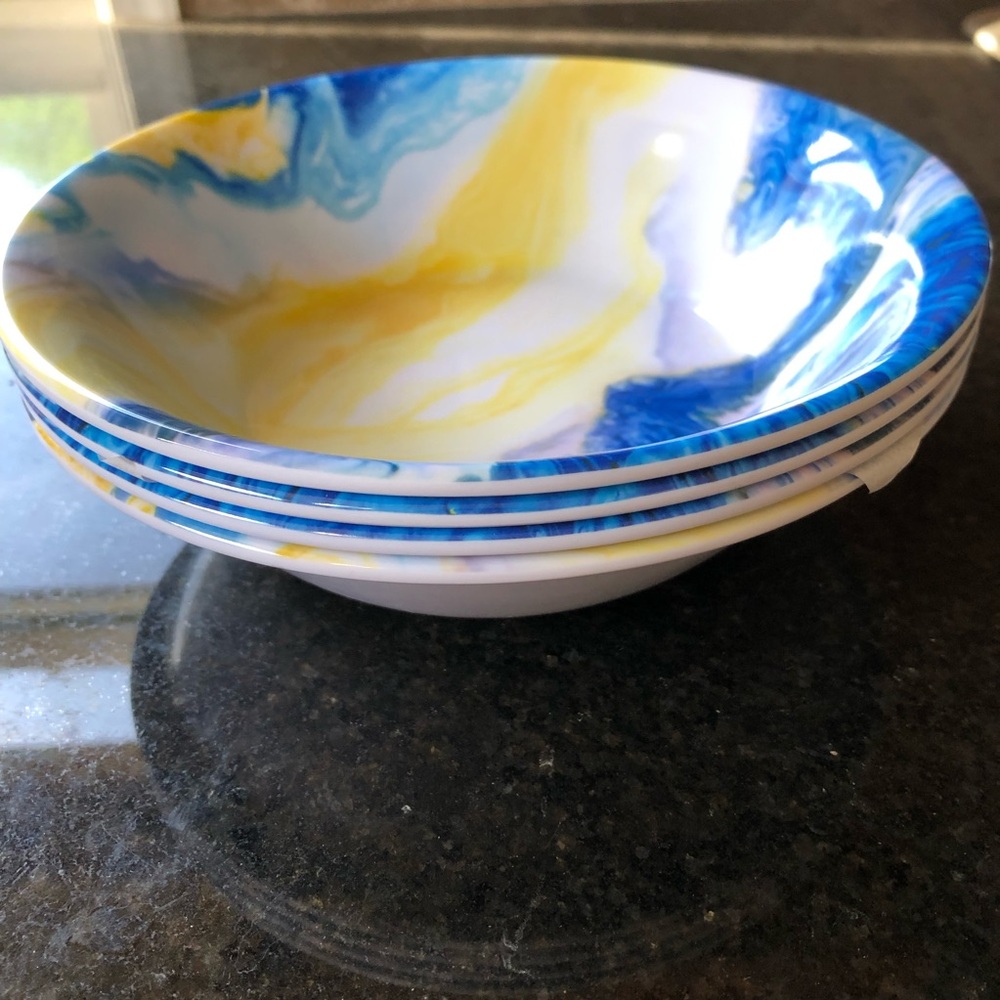 Melamine 4 cereal bowls by Topmela NEW Blue, Yellow and White Swirl